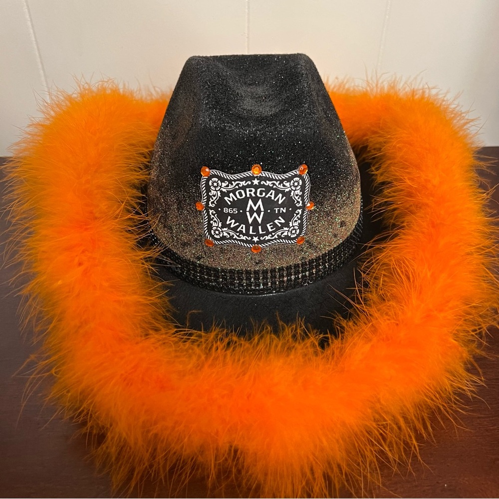 Morgan Wallen custom Handcrafted black & Orange Feather Cowgirl Hat festival - Picture 13 of 14